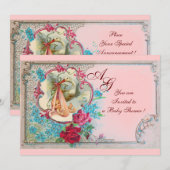 STORK BABY GIRL SHOWER PINK BLAUWE MONOGRAM KAART (Voorkant / Achterkant)