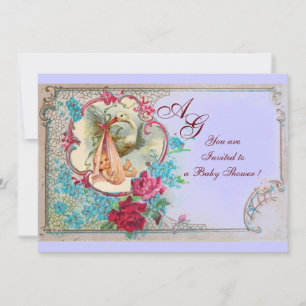STORK BABY GIRL SHOWER PINK BLAUWE MONOGRAM KAART