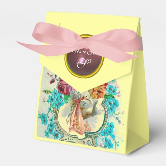STORK BABY GIRL SHOWER PINK GEM MONOGRAM Yellow Bedankdoosjes (Voorkant Zijde)