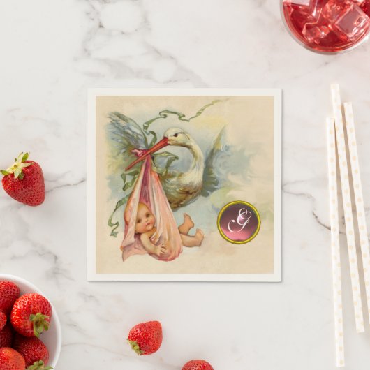 STORK BABY GIRL SHOWER PINK GEM STONE MONOGRAM SERVETTEN (Insitu)