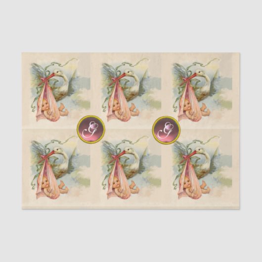 STORK BABY GIRL SHOWER PINK GEM STONE MONOGRAM TISSUEPAPIER (Voorkant)