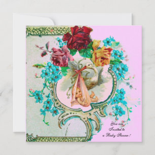 STORK BABY GIRL SHOWER, PINK ROSES EN BLAUWE STROM KAART