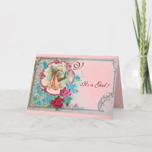 STORK BABY GIRL SHOWER PINK ROSES, FLOWERS MONOGRA AANKONDIGING