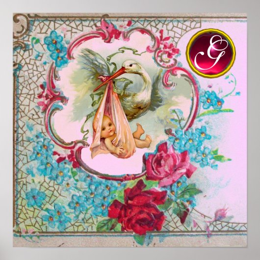 STORK BABY GIRL SHOWER Ruby Gem Stone Monogram Poster (Voorkant)