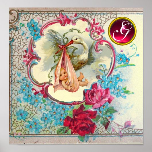 STORK BABY GIRL SHOWER Ruby Gem Stone Monogram Poster (Voorkant)