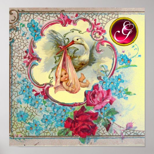 STORK BABY GIRL SHOWER Ruby Gem Stone Monogram Poster (Voorkant)