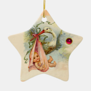 STORK BABY GIRL SHOWER STAR MONOGRAM RED RUBY KERAMISCH ORNAMENT