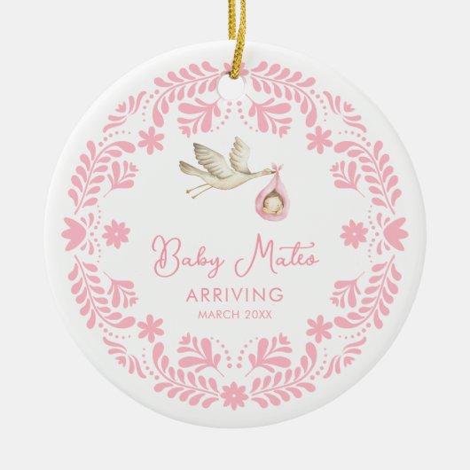 Stork Baby Girl Zwangerschapsaankondiging Kerstmis Keramisch Ornament (Voorkant)