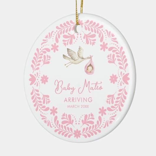 Stork Baby Girl Zwangerschapsaankondiging Kerstmis Keramisch Ornament (Links)