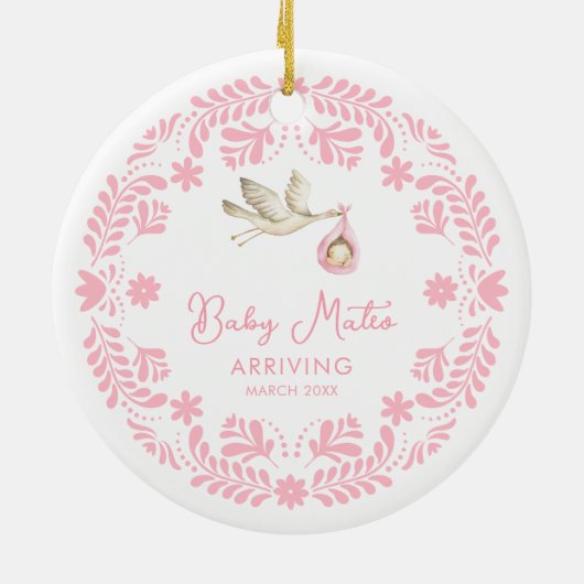 Stork Baby Girl Zwangerschapsaankondiging Kerstmis Keramisch Ornament (Achterkant)