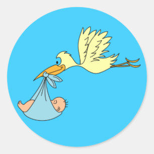 Stork Baby Jongen Douche Blauw of Geboorte Aankond Ronde Sticker