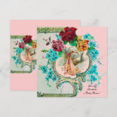 STORK BABY MEISJE DOUCHE MET ROZE ROZEN EN BLOEMEN AANKONDIGING (Voorkant / Achterkant)