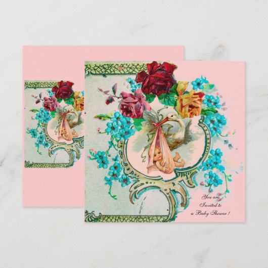 STORK BABY MEISJE DOUCHE MET ROZE ROZEN EN BLOEMEN AANKONDIGING (Voorkant / Achterkant)