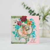 STORK BABY MEISJE DOUCHE MET ROZE ROZEN EN BLOEMEN AANKONDIGING (Staand voorkant)