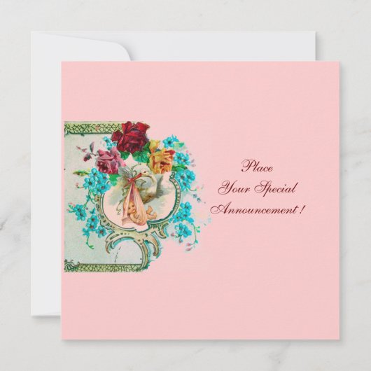 STORK BABY MEISJE DOUCHE MET ROZE ROZEN EN BLOEMEN AANKONDIGING (Achterkant)