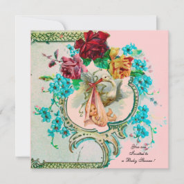 STORK BABY MEISJE DOUCHE MET ROZE ROZEN EN BLOEMEN AANKONDIGING