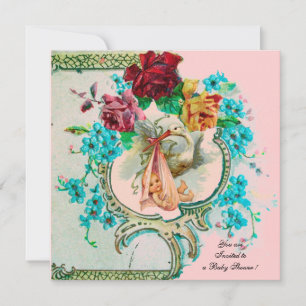 STORK BABY MEISJE DOUCHE MET ROZE ROZEN EN BLOEMEN AANKONDIGING