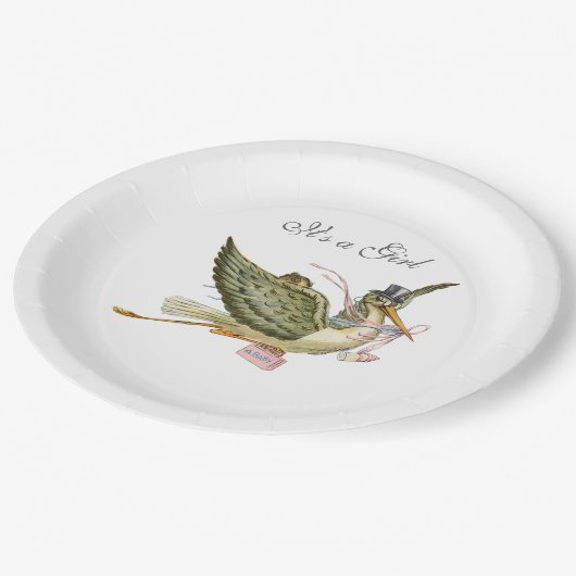 STORK BABY MEISJE DOUCHE Wit Papieren Bordje (Gekanteld)