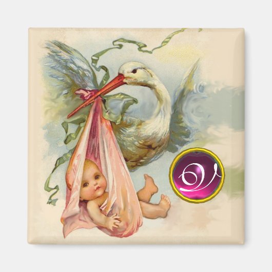 STORK BABY SHOWER 2 MONOGRAM, ruby Magneet (Voorkant)