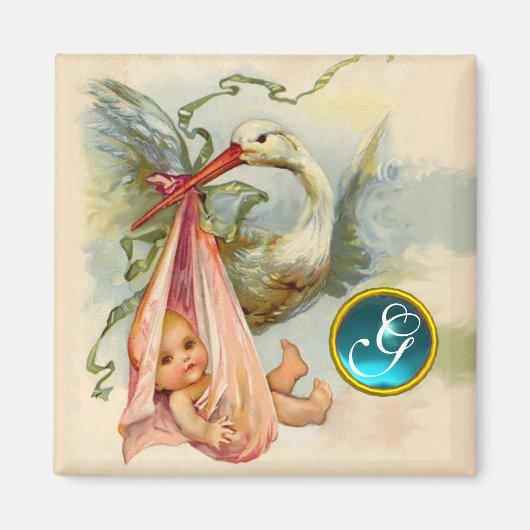STORK BABY SHOWER 2 MONOGRAM, turquase Magneet (Voorkant)