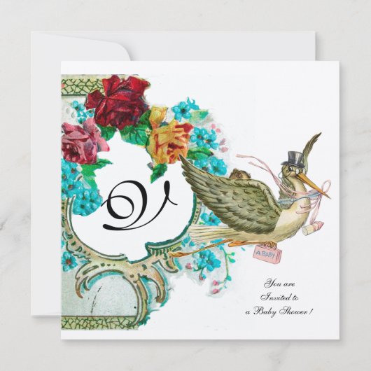 STORK BABY SHOWER 3 MONOGRAM, goudmetaal Kaart (Voorkant)