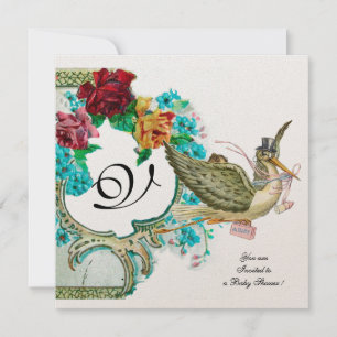 STORK BABY SHOWER 3 MONOGRAM, goudmetaal Kaart