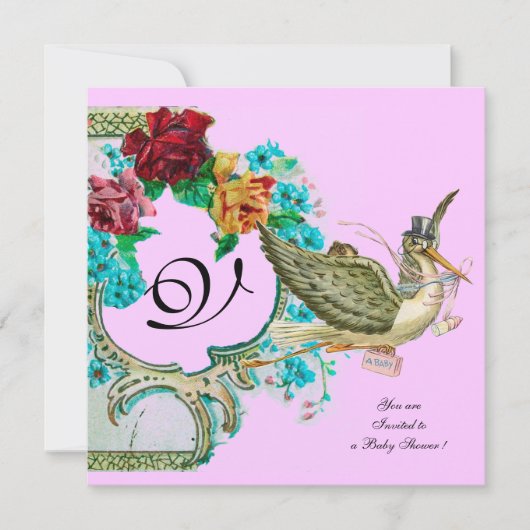 STORK BABY SHOWER 3 MONOGRAM, goudmetaal Kaart (Voorkant)