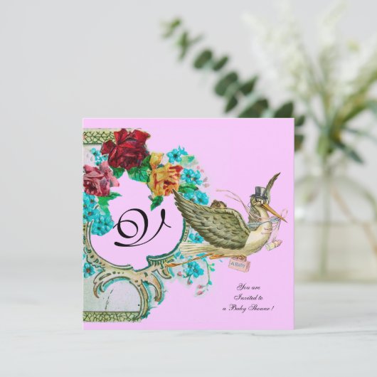 STORK BABY SHOWER 3 MONOGRAM, goudmetaal Kaart (Staand voorkant)
