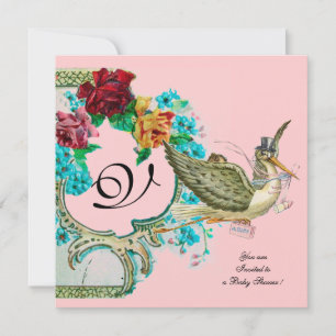 STORK BABY SHOWER 3 MONOGRAM, goudmetaal Kaart