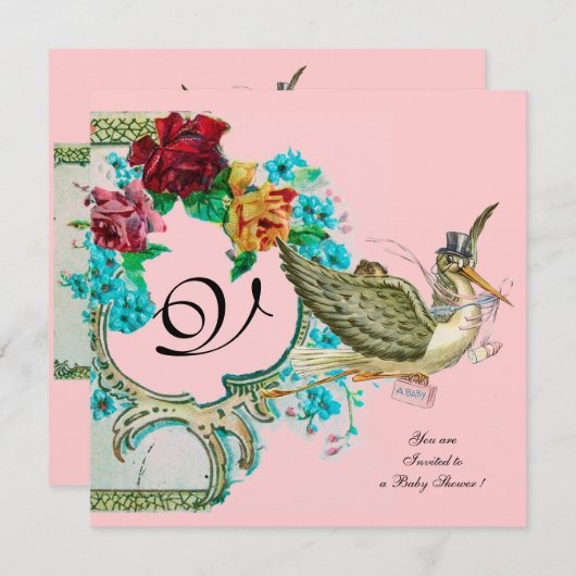 STORK BABY SHOWER 3 MONOGRAM, goudmetaal Kaart (Voorkant / Achterkant)