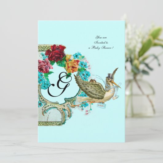 STORK BABY SHOWER 3 MONOGRAM KAART (Staand voorkant)