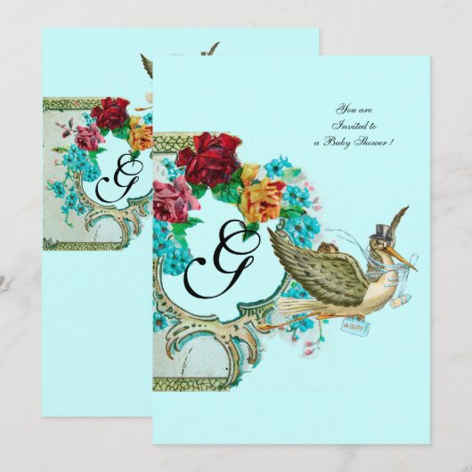 STORK BABY SHOWER 3 MONOGRAM KAART (Voorkant / Achterkant)