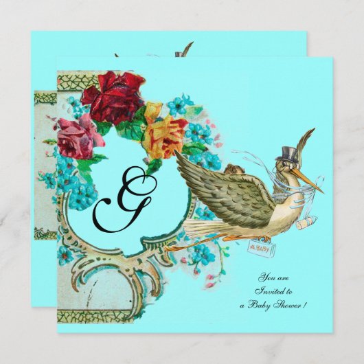 STORK BABY SHOWER 3 MONOGRAM KAART (Voorkant / Achterkant)