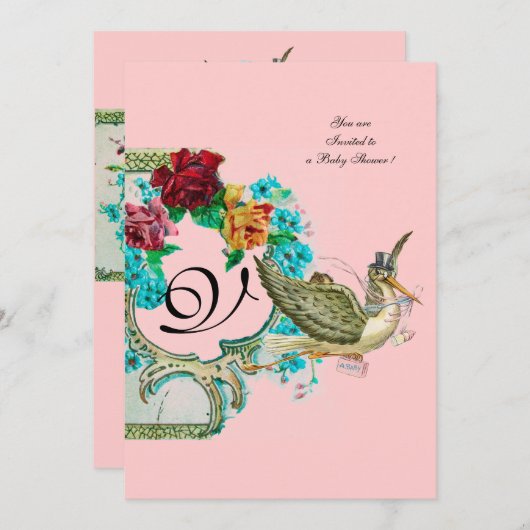 STORK BABY SHOWER 3 MONOGRAM KAART (Voorkant / Achterkant)