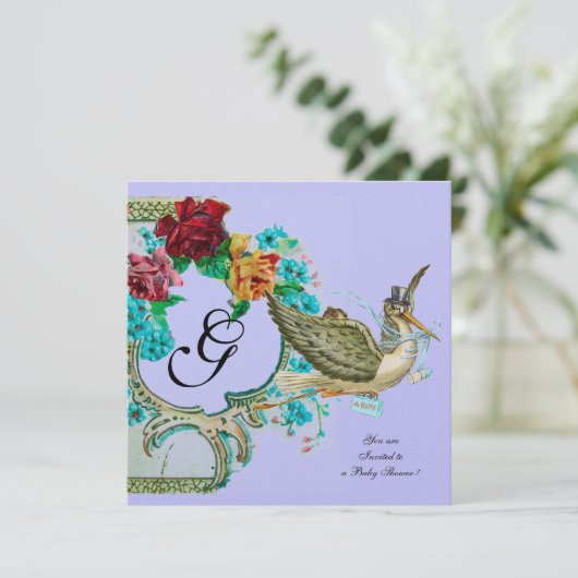 STORK BABY SHOWER 3 MONOGRAM witte champagne Kaart (Staand voorkant)