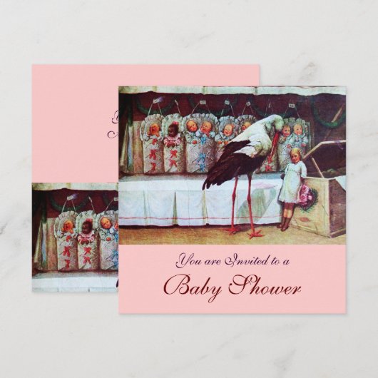 STORK BABY SHOWER 3, roze Kaart (Voorkant / Achterkant)