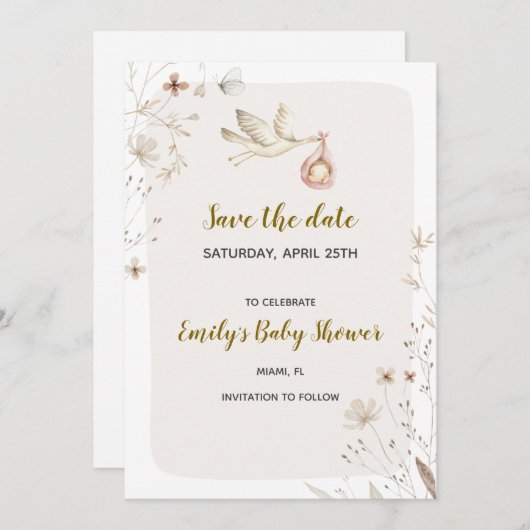 Stork baby shower bewaar de datum save the date (Voorkant / Achterkant)