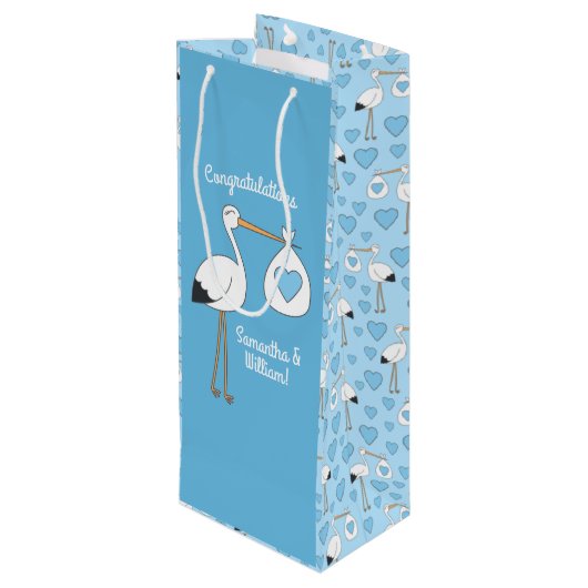 Stork Baby shower Blue Boy Wijn Cadeautas (Achterkant Gekanteld)