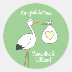 Stork Baby shower Green Ronde Sticker
