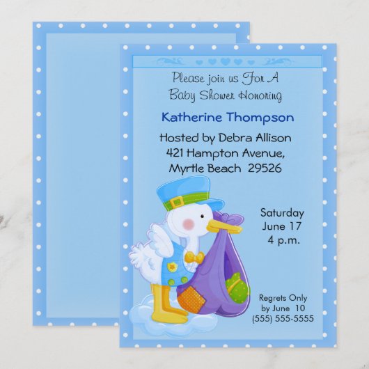 Stork Baby shower Invitation Kaart (Voorkant / Achterkant)