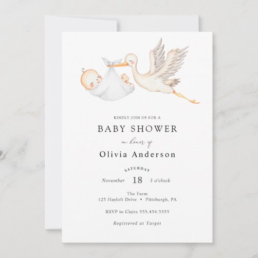 Stork Baby shower Invitation Kaart (Voorkant)
