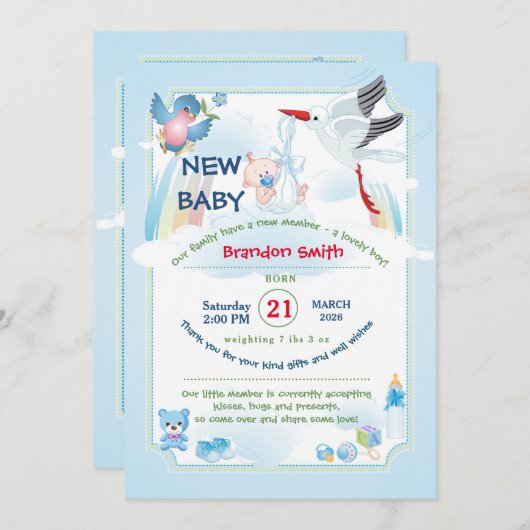 Stork Baby Shower Invitation Kaart (Voorkant / Achterkant)