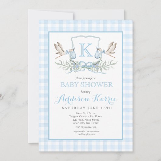 Stork Baby shower Invitation, Stork Crest Invitate Kaart (Voorkant)
