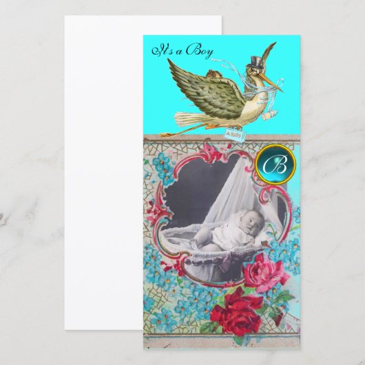 STORK BABY SHOWER MONOGRAM, aquamarine (Voorkant / Achterkant)