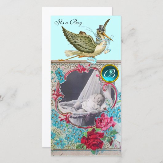 STORK BABY SHOWER MONOGRAM, aquamarine Aankondiging (Voorkant / Achterkant)