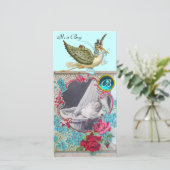 STORK BABY SHOWER MONOGRAM, aquamarine Aankondiging (Staand voorkant)