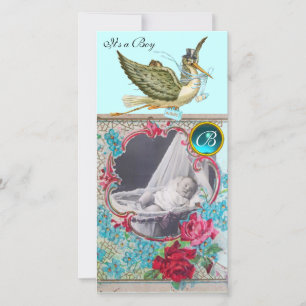 STORK BABY SHOWER MONOGRAM, aquamarine Aankondiging