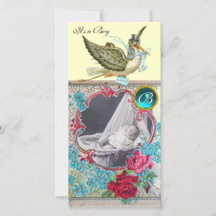 STORK BABY SHOWER MONOGRAM, aquamarine crème Aankondiging