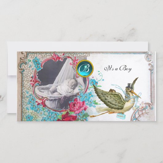 STORK BABY SHOWER MONOGRAM, aquamarine, wit Aankondiging (Voorkant)