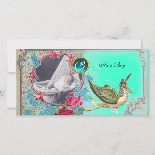 STORK BABY SHOWER MONOGRAM, aquamarine, wit Aankondiging (Voorkant)